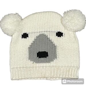 Youth Kids Winter Hat White Polar Bear Face Pom Poms